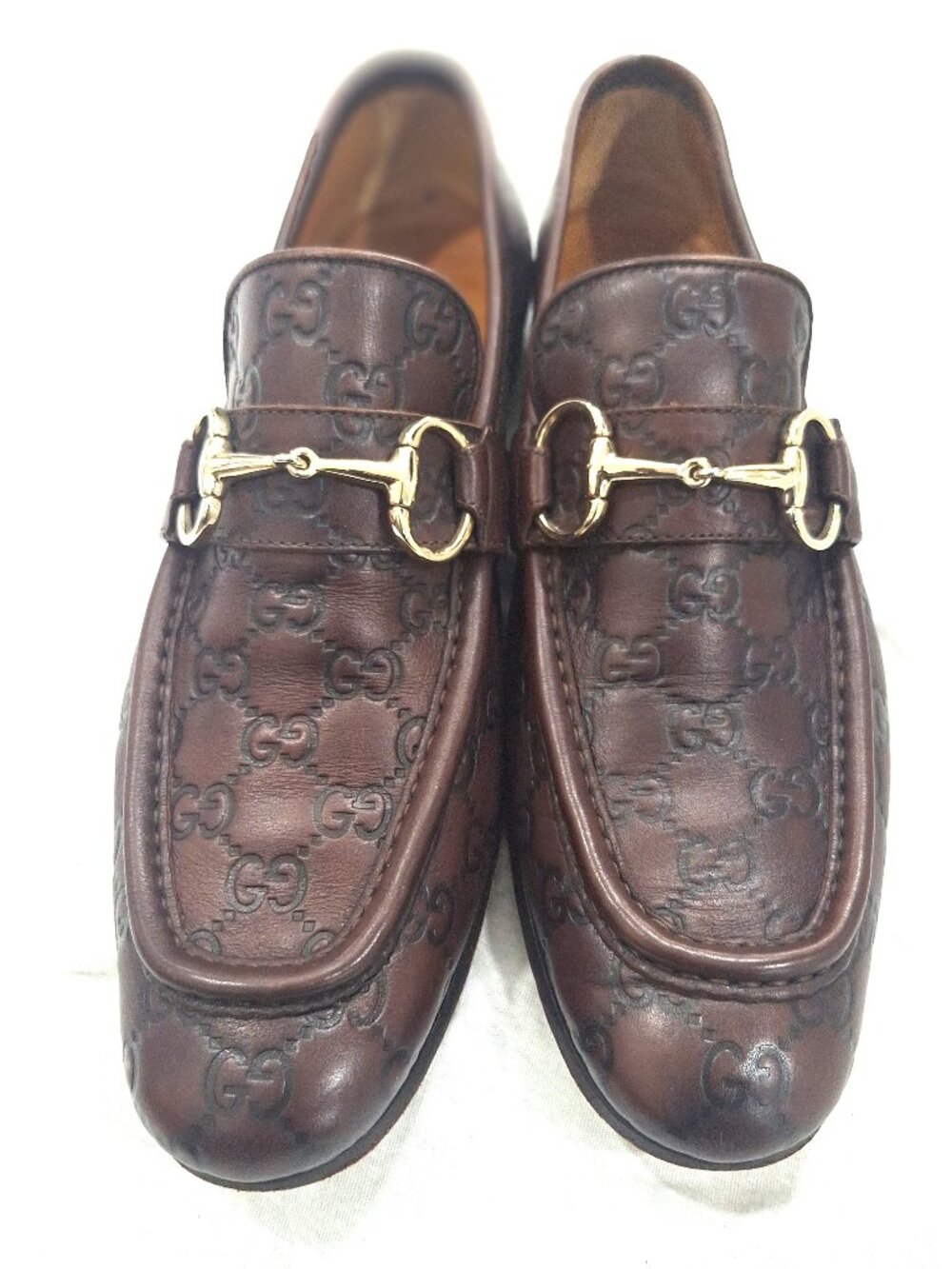 Gucci GG Monogram Leather Horsebit Loafers Brown Gold Hardware EU 40.5